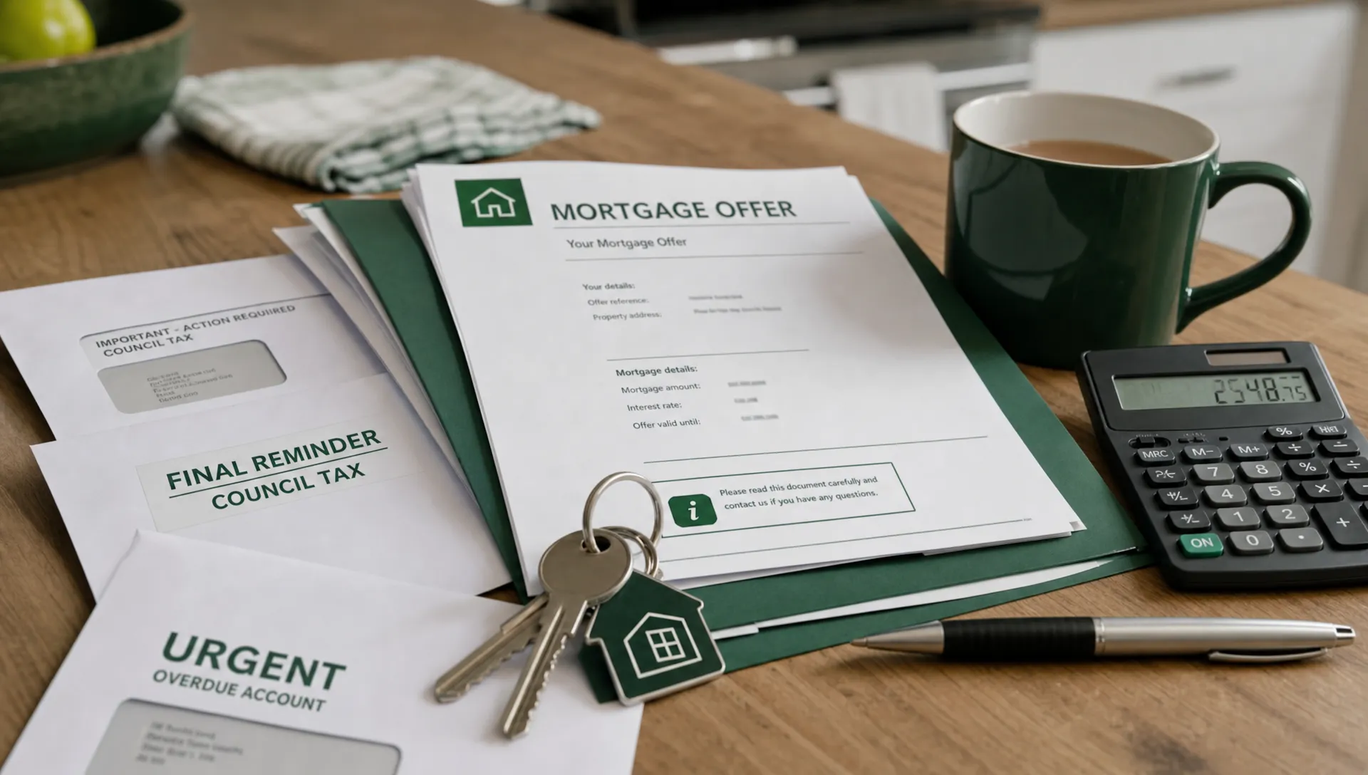 A close-up of house keys, mortgage letters, a calculator, a pen, and a mug of tea laid out on a kitchen table, showing documents being organised during a stressful house sale.