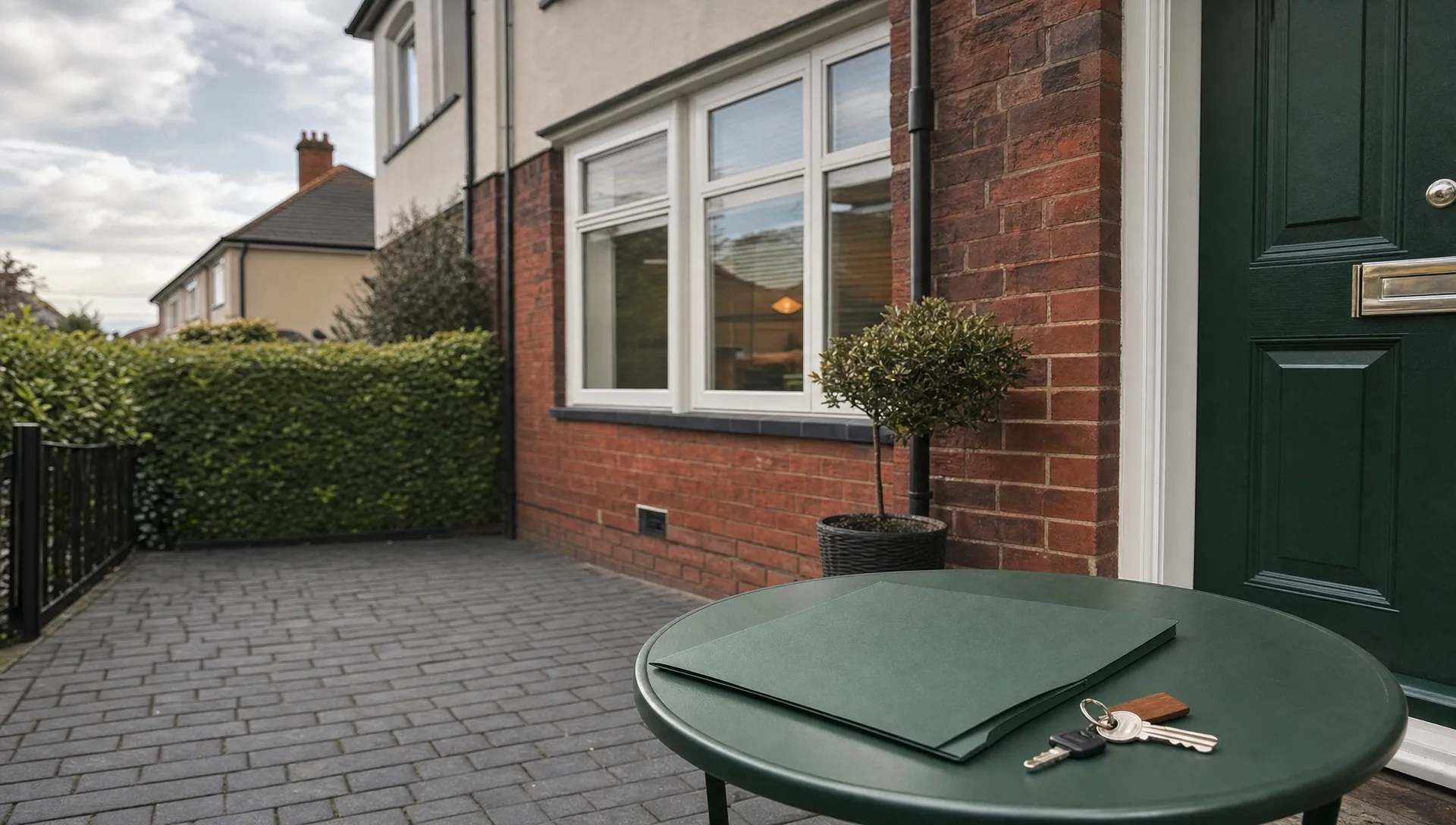 A UK semi-detached house exterior with a tidy driveway, house keys and a plain folder of property papers on a small outdoor table near the front door, with no people and no visible text.