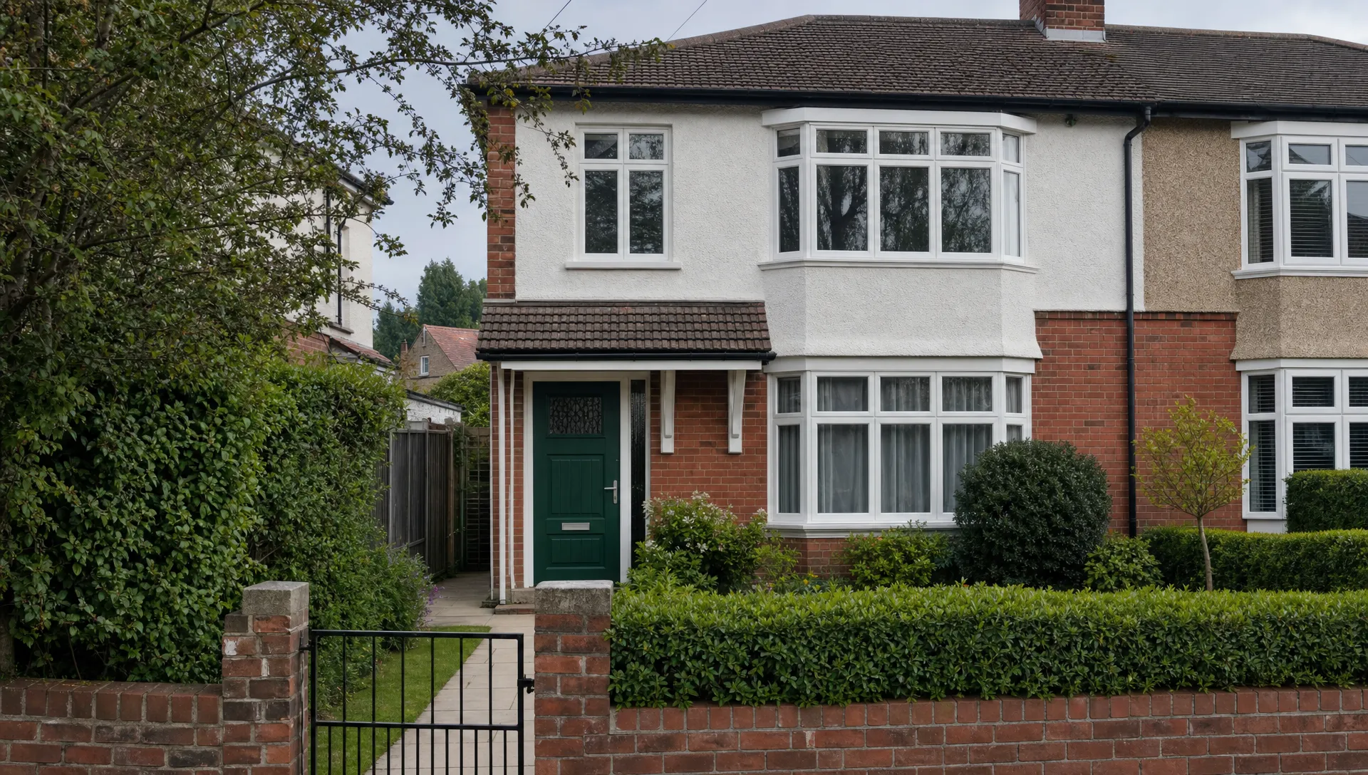 A quiet British semi-detached house with a tidy front garden and closed front door on a residential street.
