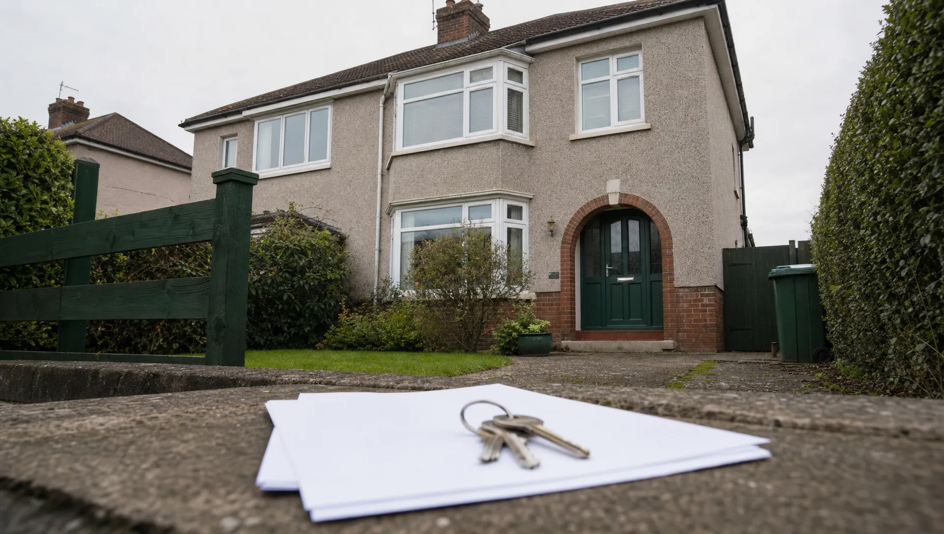 A UK semi-detached house exterior with house keys and blank legal paperwork on the doorstep.