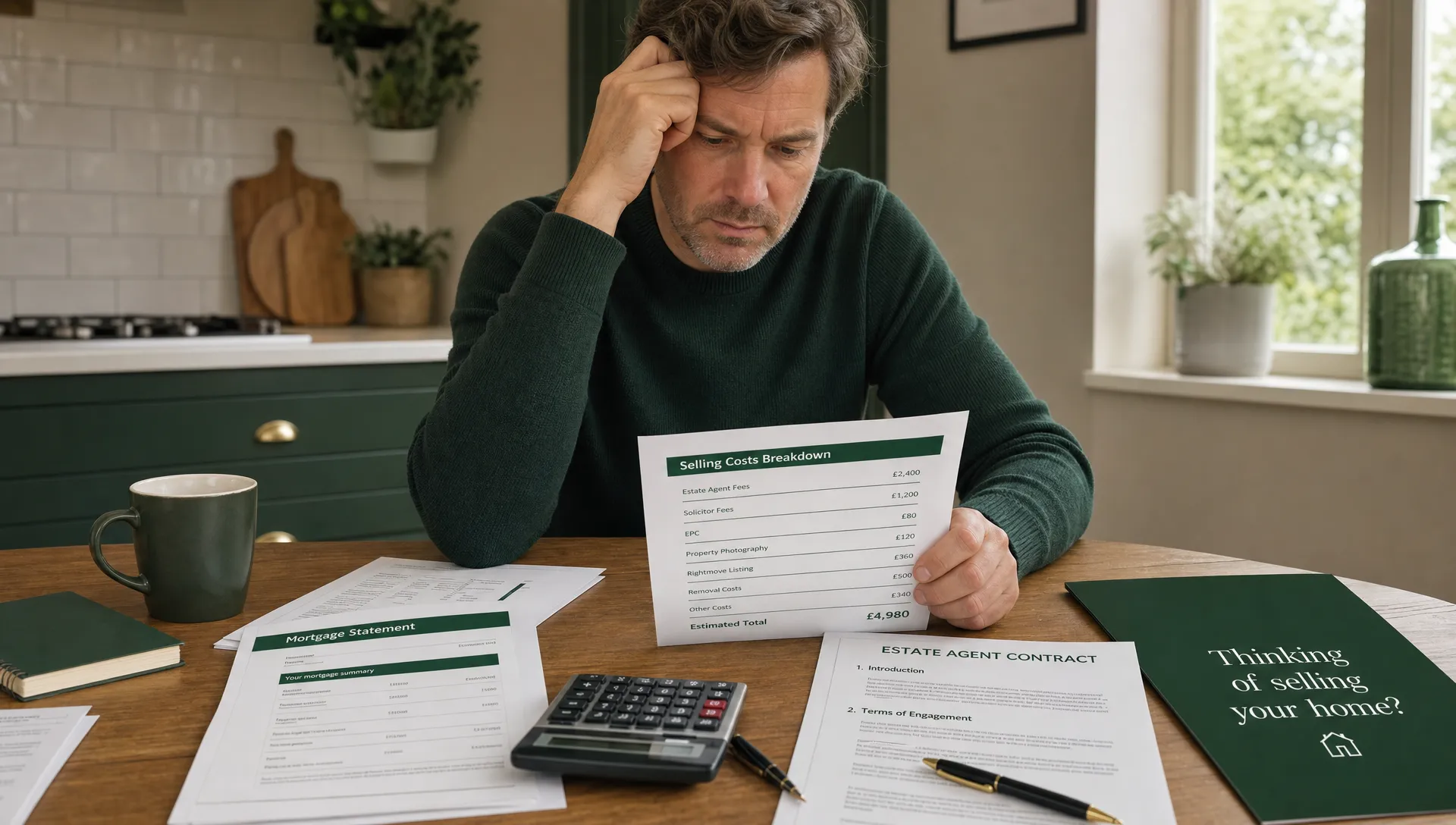 A UK homeowner at a kitchen table with property paperwork, a calculator, a mortgage statement and an estate agent contract spread out, checking house selling fees and unexpected costs.