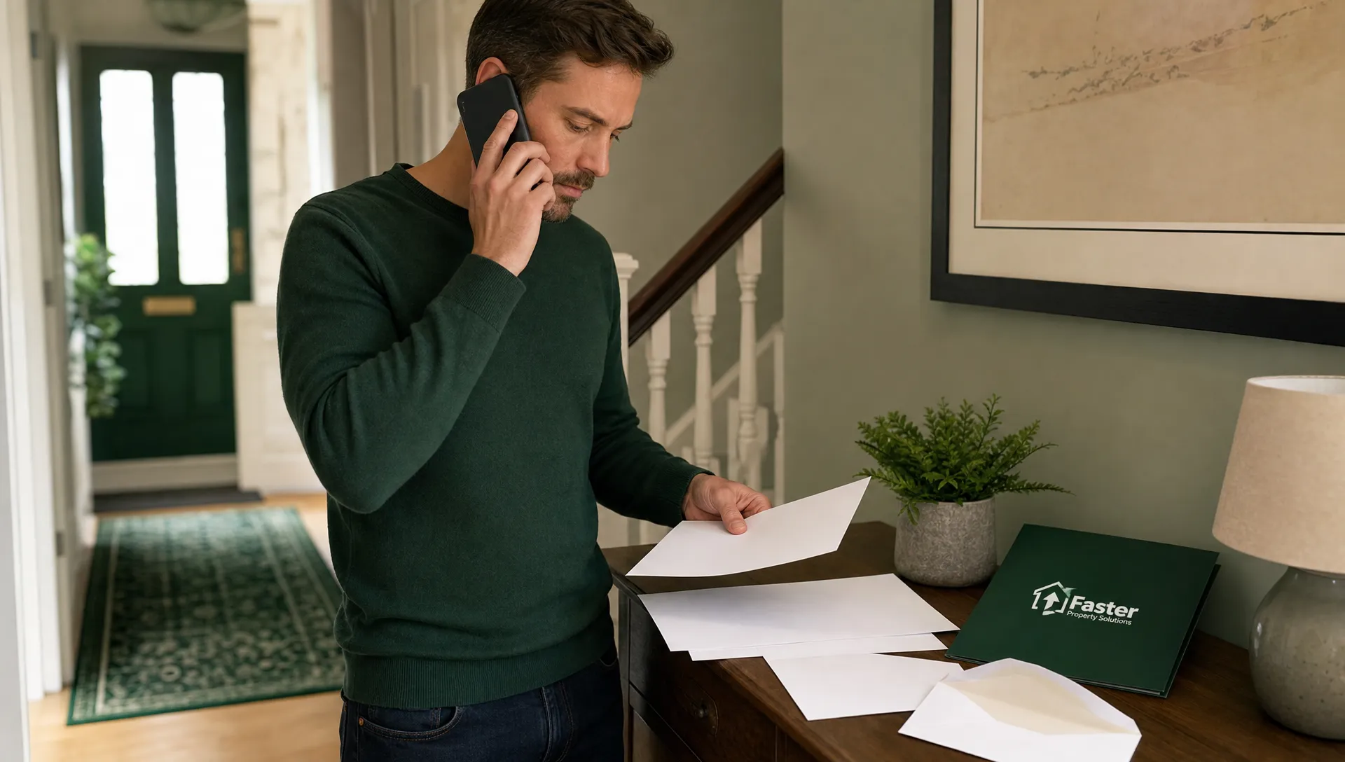 A homeowner standing at a hallway side table with blank court papers and a blank envelope, speaking calmly on the phone while sorting documents for an urgent repossession hearing. A small Faster Property Solutions folder is visible, and all paperwork is blank with no names, dates or figures.