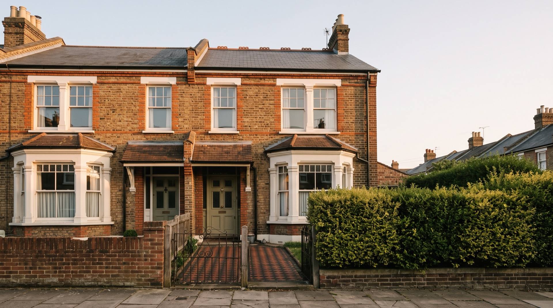 An Edwardian British terraced house with bay windows in soft early-morning light, a tiled garden path leading to the panelled front door.