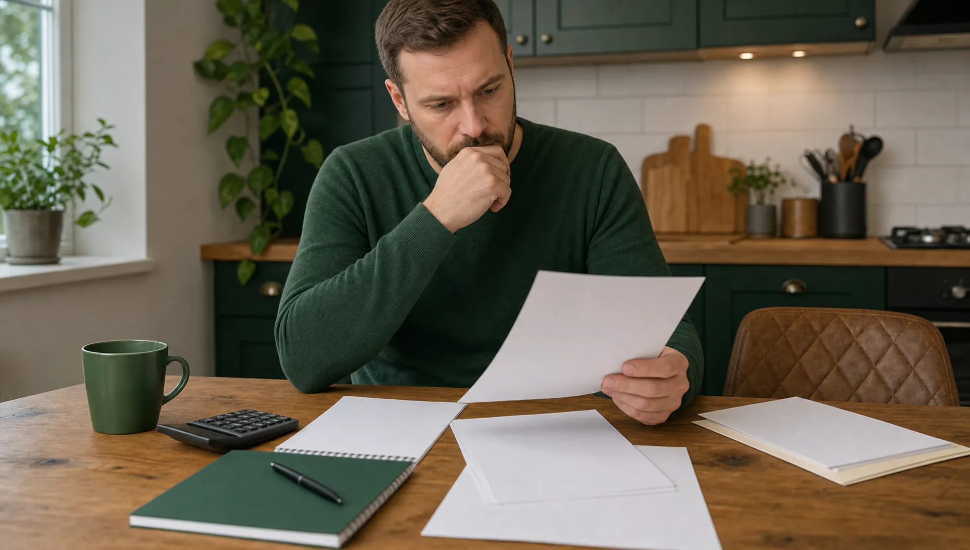 A homeowner at a kitchen table reviewing blank property sale documents, a calculator, and a notepad labelled Faster Property Solutions, with all statements and letters completely blank and no figures, account numbers, names or dates visible.