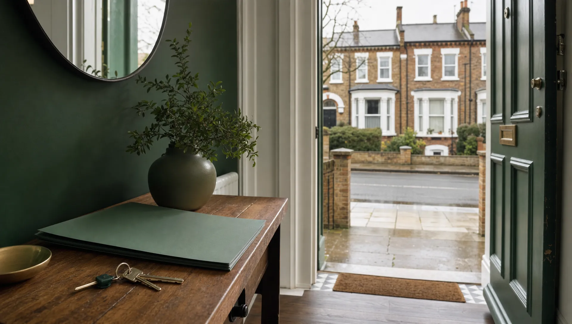 A UK terraced house exterior with a blank folder and keys on a hallway table, showing a careful check before signing anything.