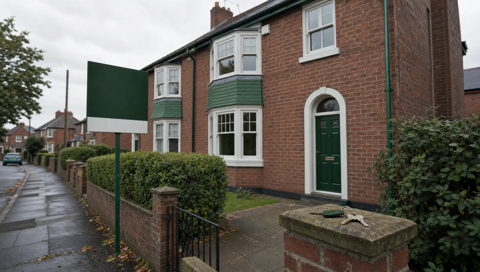An empty brick semi-detached house on a quiet UK residential street with a plain unbranded estate agent board, closed front door, tidy pavement, keys on a low wall, and an overcast sky.
