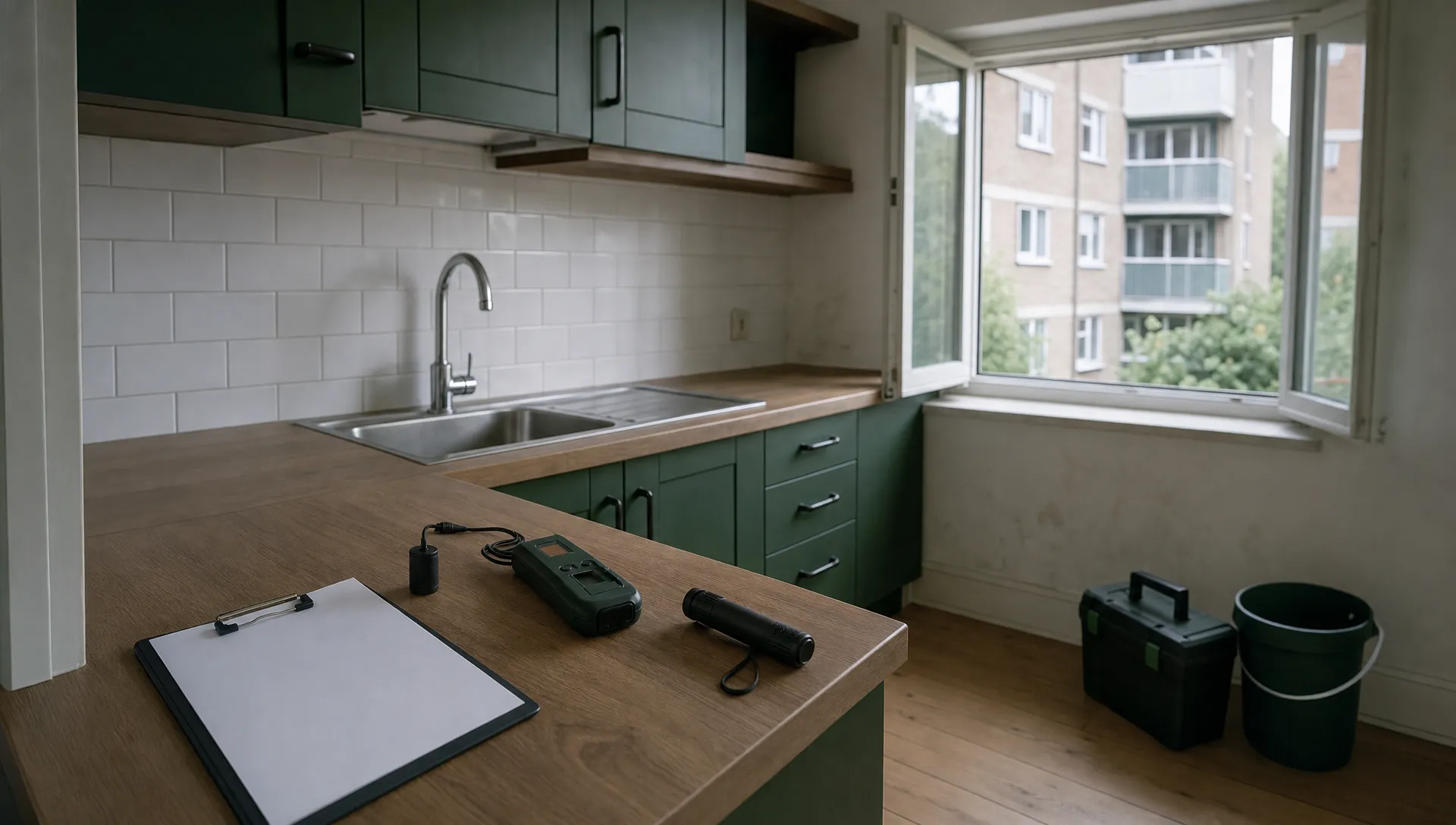 A vacant flat kitchen with a clipboard on the worktop, open windows showing another block of flats and tools for checking damp and repairs.