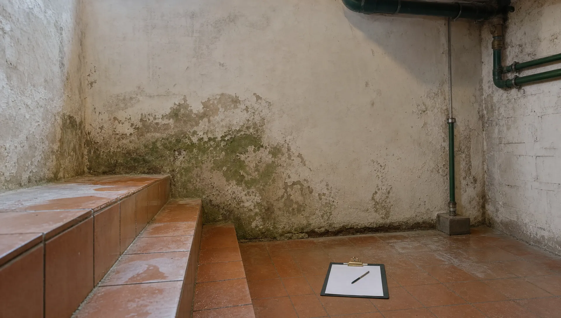 An empty terraced room with a damp wall, exposed pipework and a clipboard on the floor during a survey.