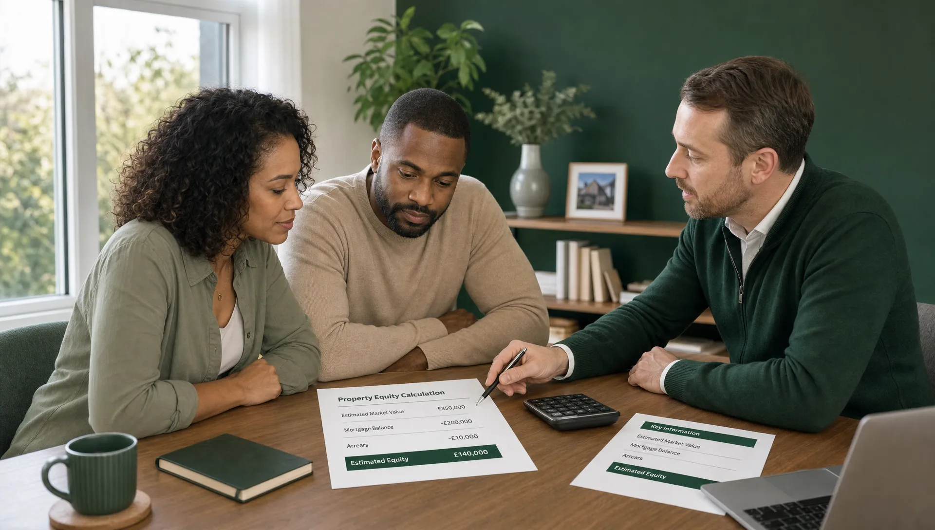 A diverse group of homeowners reviewing a property equity calculation with a Faster Property Solutions adviser in a bright meeting room, with simple paperwork showing market value, mortgage balance and arrears, and no other company logos visible.