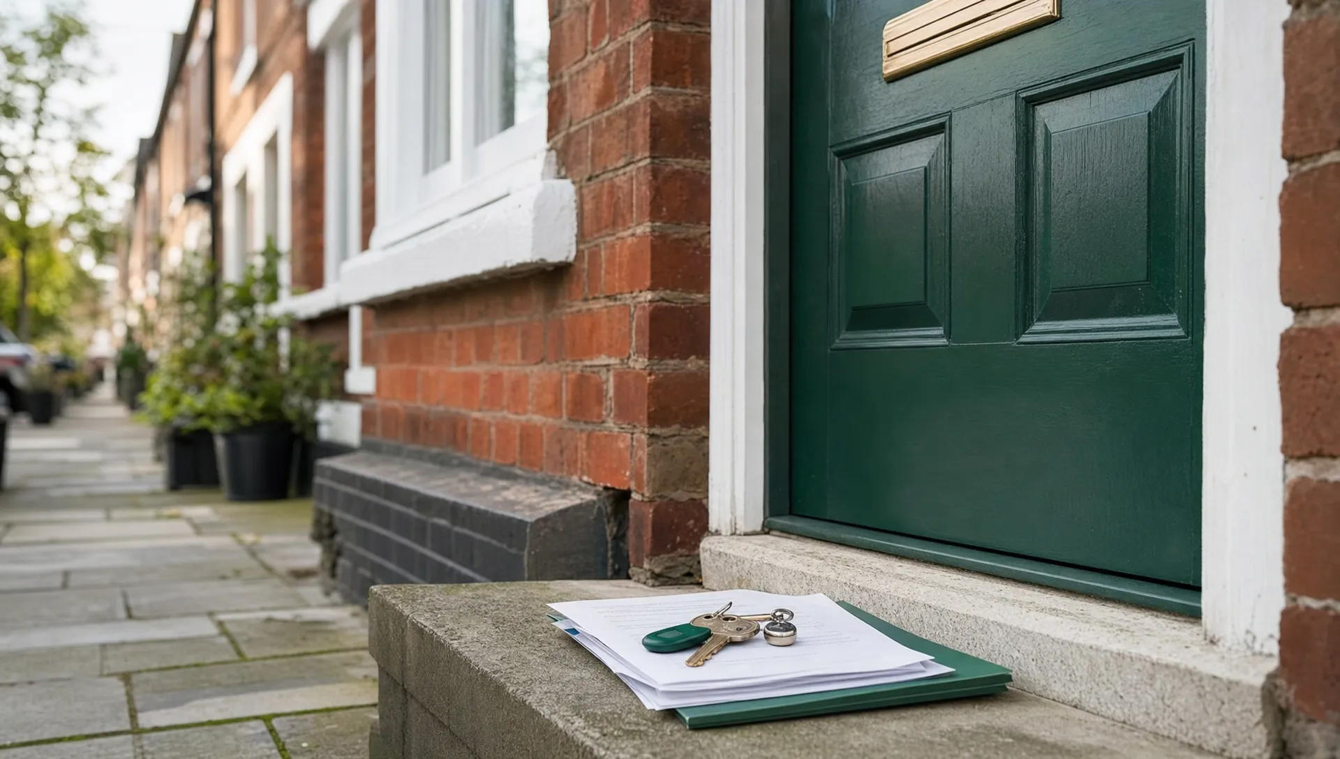 A UK terraced house exterior with keys and property paperwork on the doorstep, showing a private sale setup.