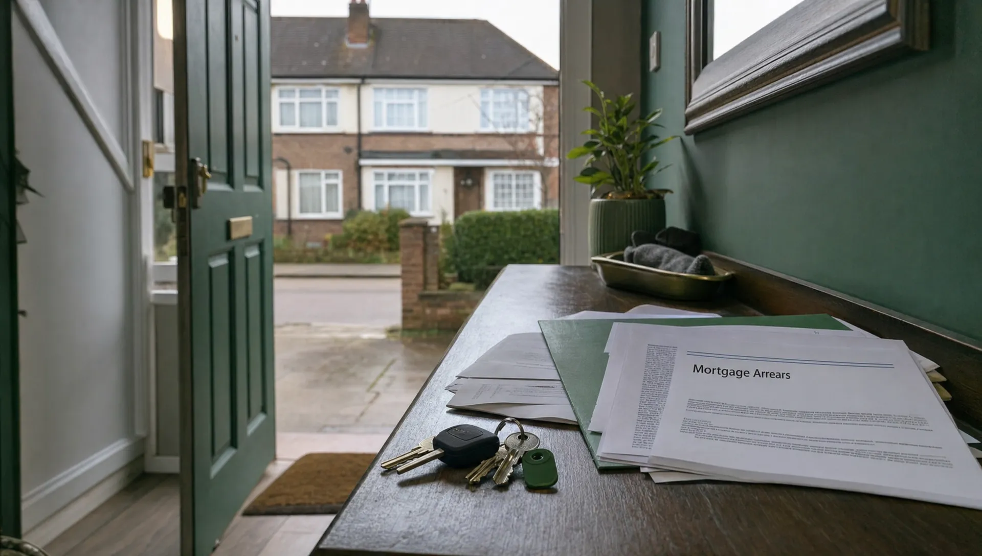 A UK semi-detached house stands behind a hallway table with keys and mortgage arrears paperwork while eviction pressure builds.