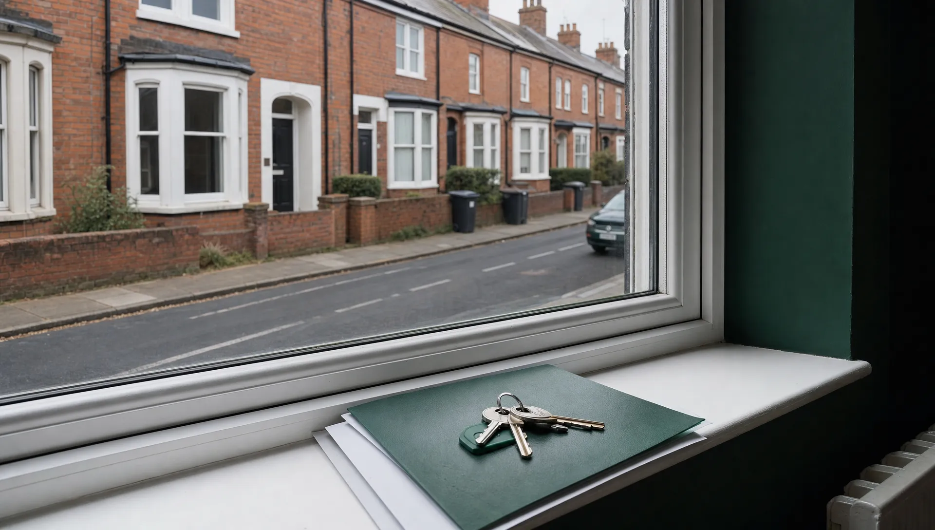A vacant brick terraced house on a quiet UK street with keys and property paperwork on the windowsill.