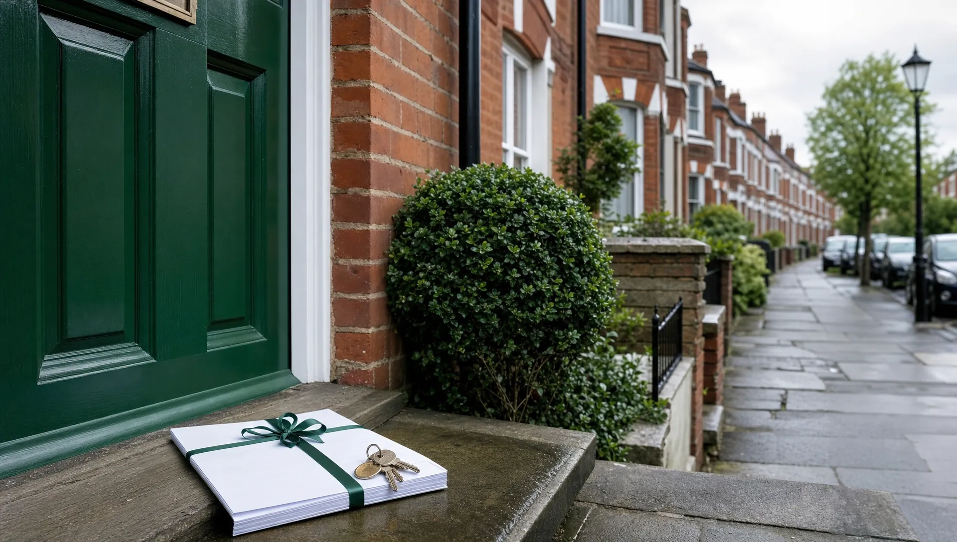 A quiet residential street in England with brick terraced house exteriors, a neat front path, house keys and sealed mortgage paperwork on a doorstep, with no people, no visible text and no branding.