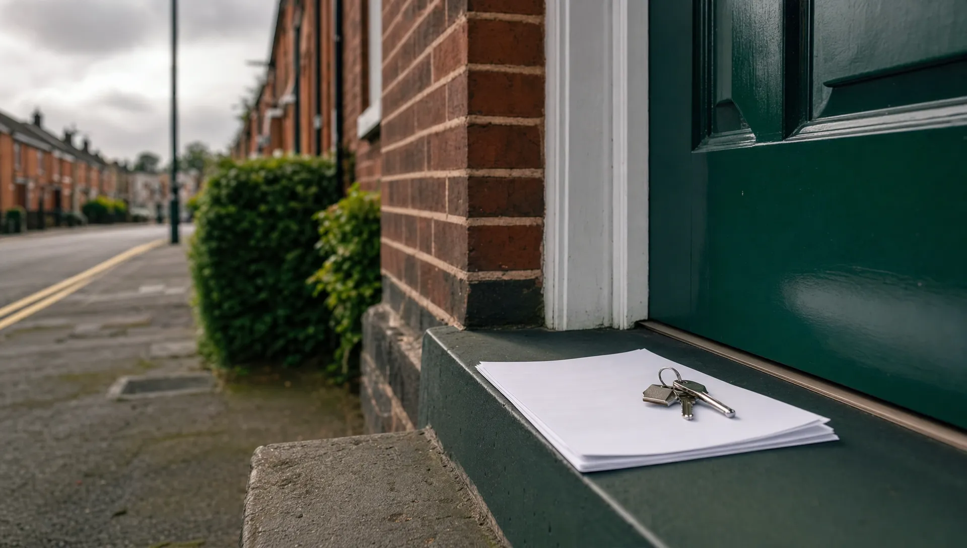 A modest UK brick house stands on a quiet street with blank mortgage paperwork and a set of keys on the doorstep.