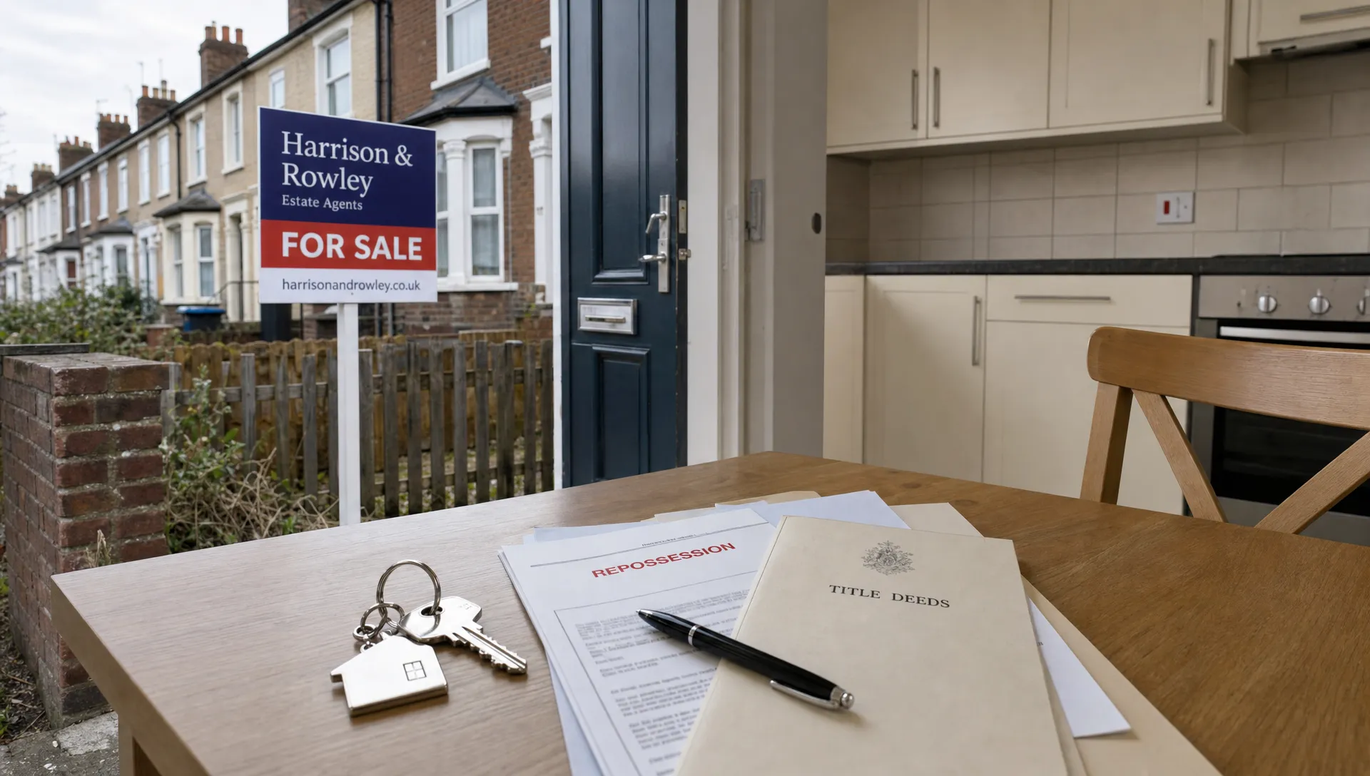A vacant UK terraced house with a for sale board outside, keys and property documents on a kitchen table, showing a repossessed home being prepared for sale.