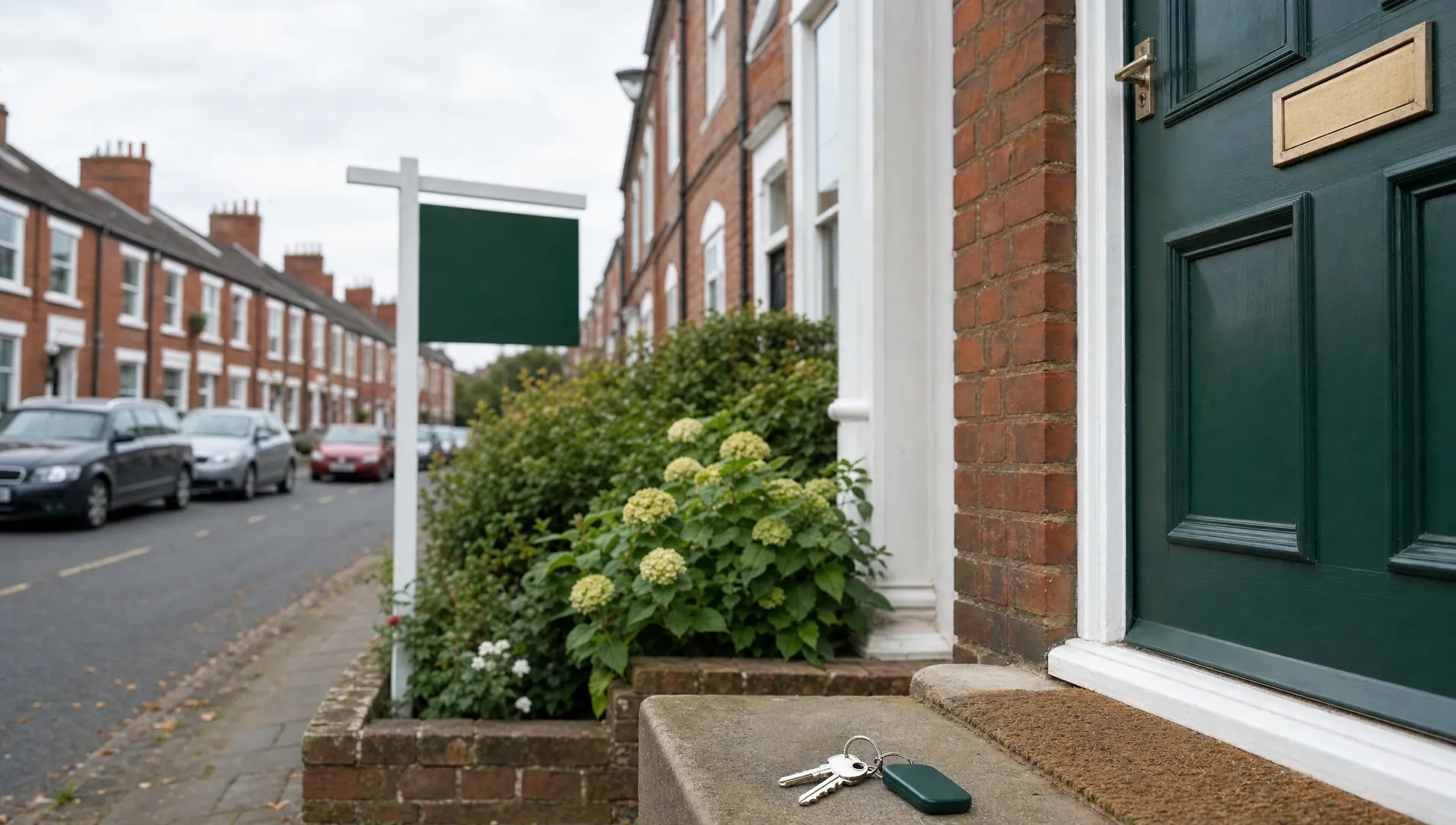 A quiet UK residential street with brick terraced houses, a neat front garden, a plain sold-style board and house keys on a doorstep.