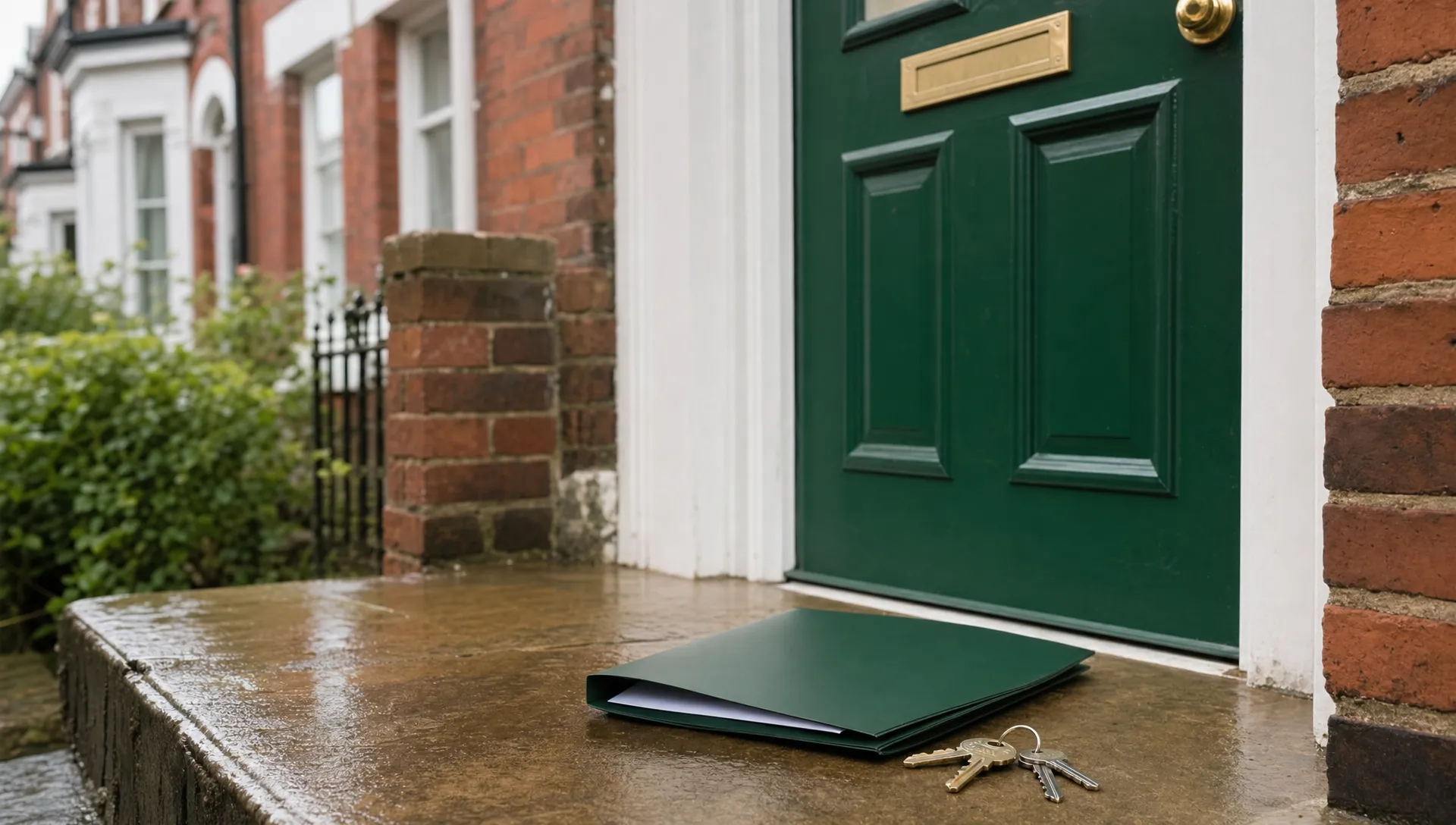 Manchester terrace house with house keys and a blank folder on the doorstep, showing an urgent property sale context.