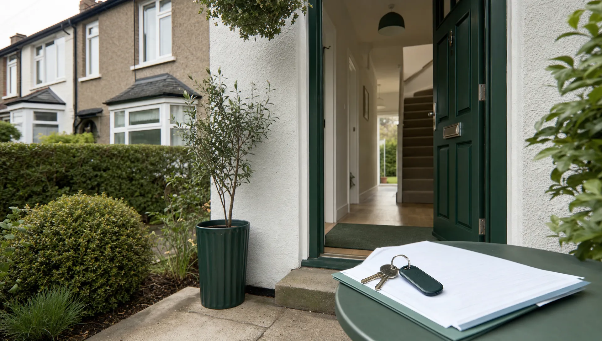A photorealistic UK semi-detached house exterior with a tidy front path, an open front door showing a clean hallway, and house keys with property paperwork placed on a small table by the entrance, no people and no visible text or branding.