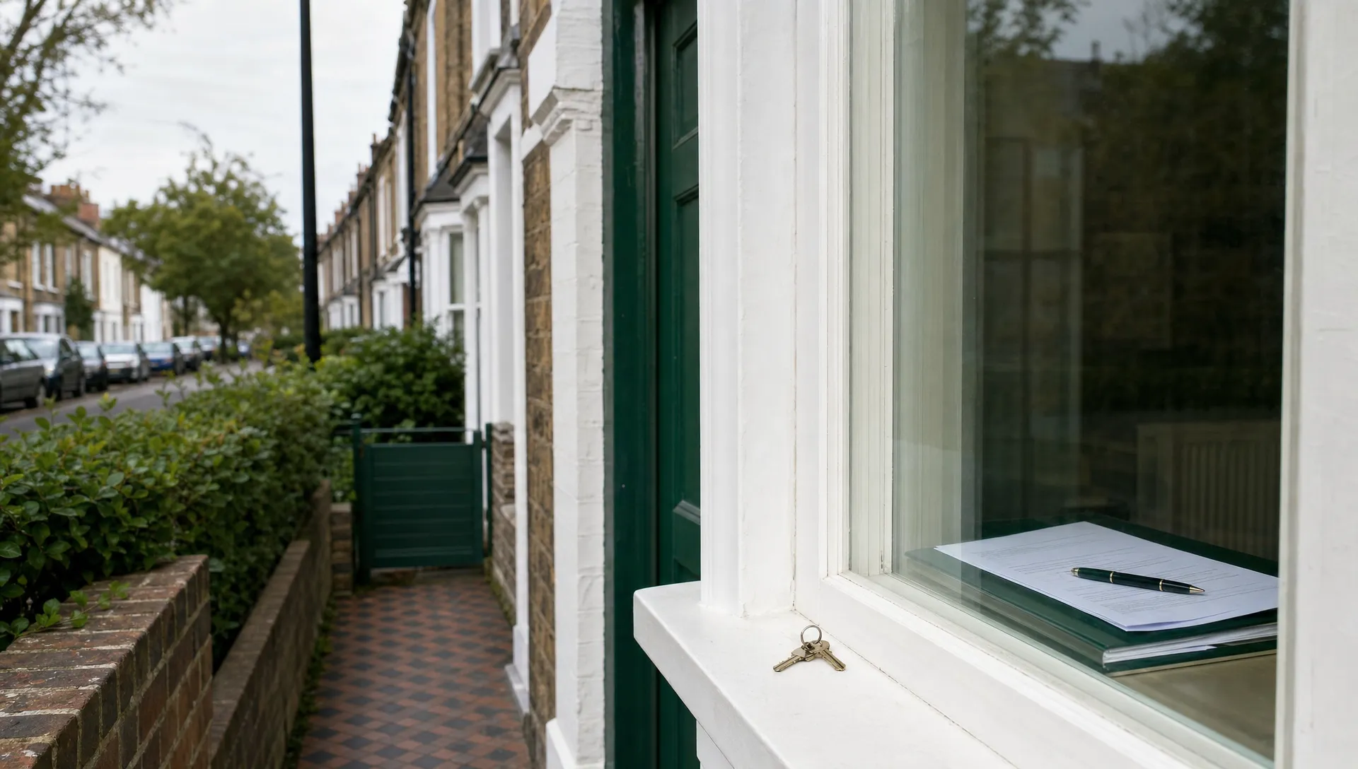 A quiet UK residential street with a modest terraced house, tidy front path, keys on a windowsill and sale paperwork visible through the glass.