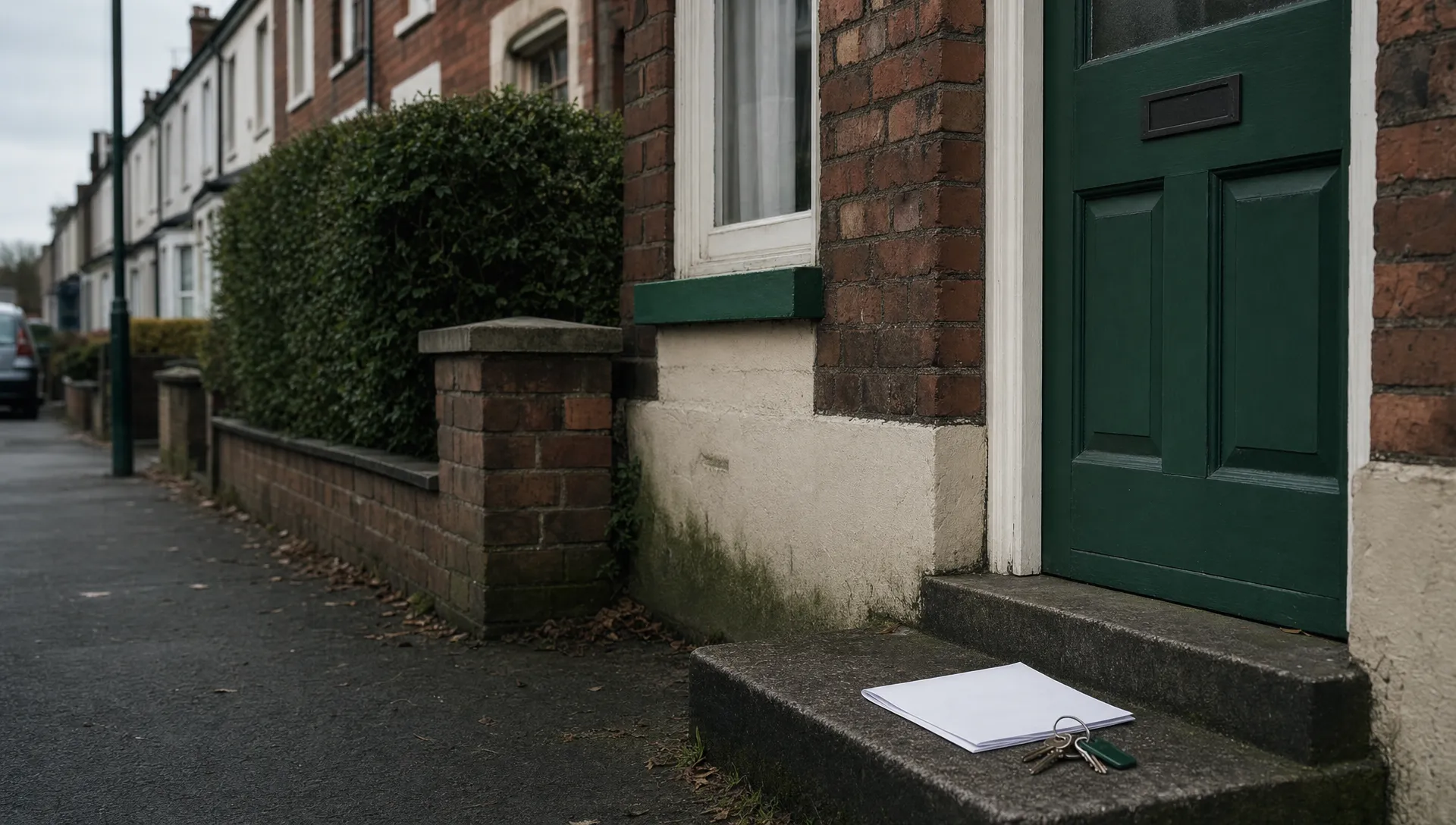 A modest UK terraced house stands on a quiet street with house keys and blank paperwork on the doorstep, suggesting a home that is not selling.