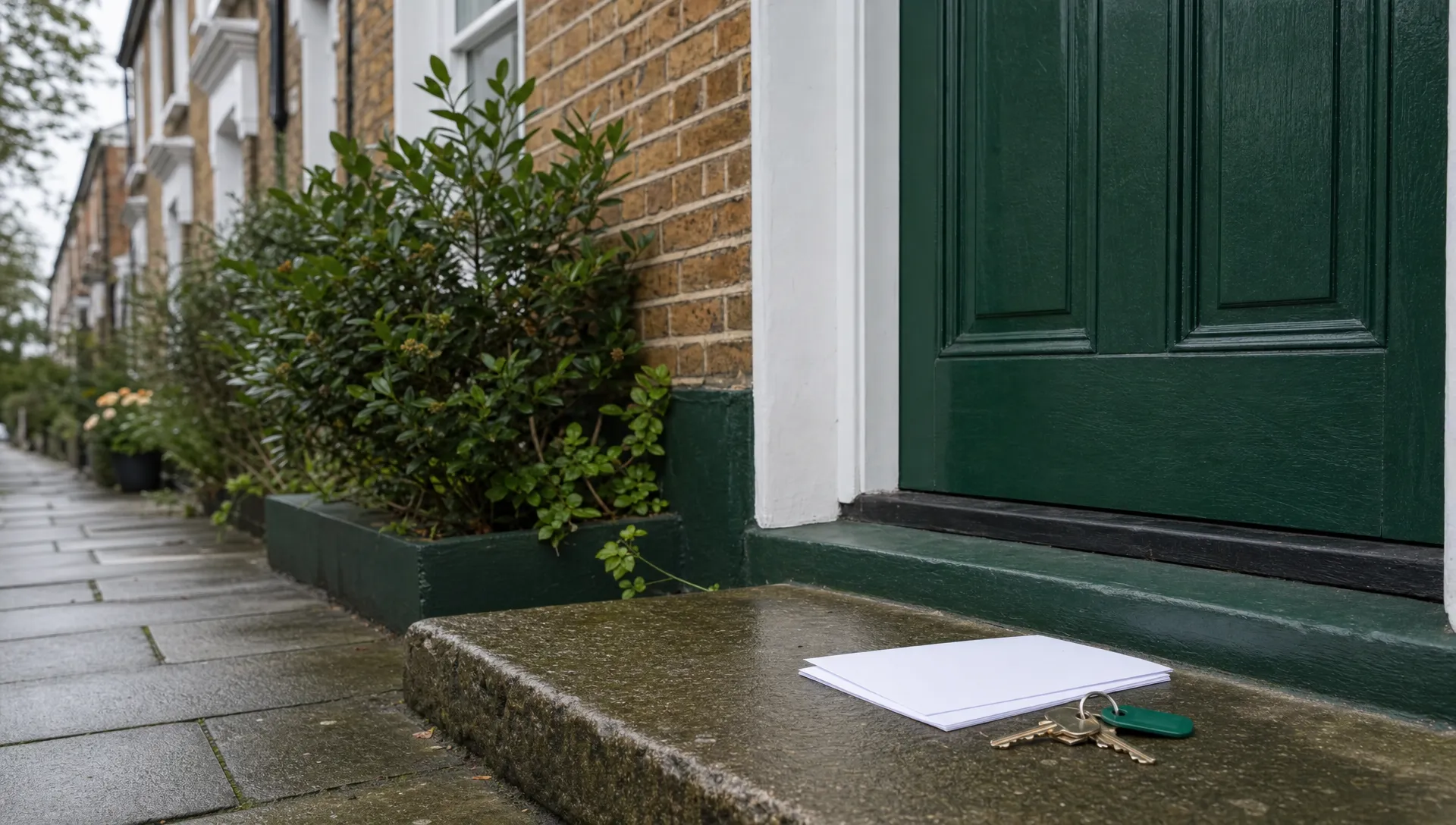 A quiet UK terraced house exterior with house keys and a small stack of blank property papers on the doorstep.