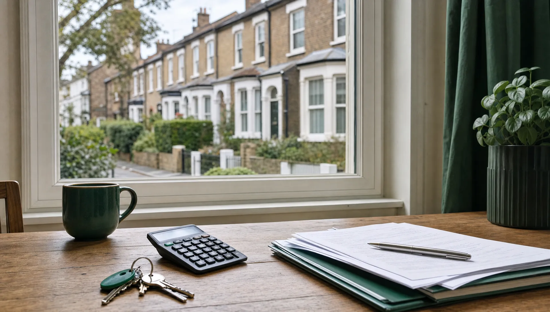 UK terraced house seen through a front window, with keys, a calculator and property paperwork on a wooden table.
